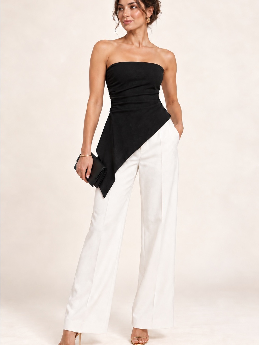 Black Strapless Asymmetrical Top with White Wide-Leg Pants